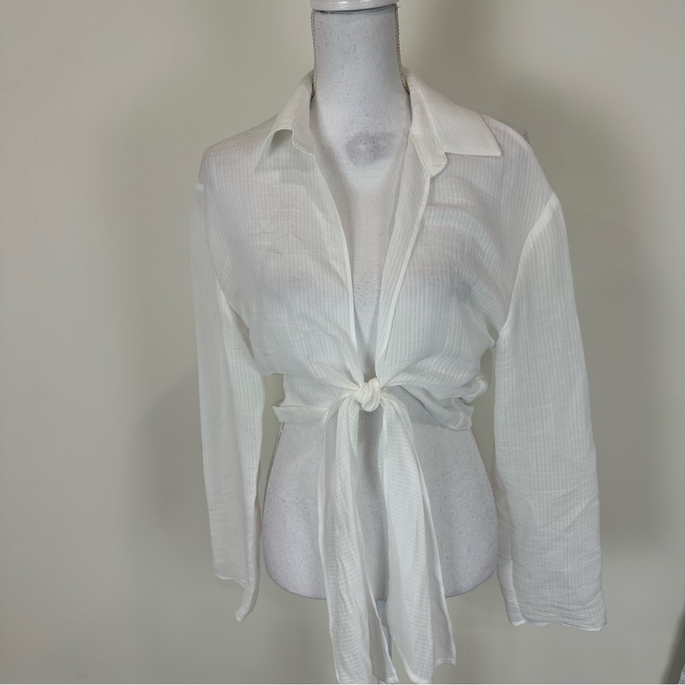 Zara White Sheer Crop Tie Front Top Size Large NWT